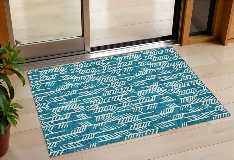 3' X 5' Teal Blue And Ivory Tribal Washable Indoor Outdoor Area Rug