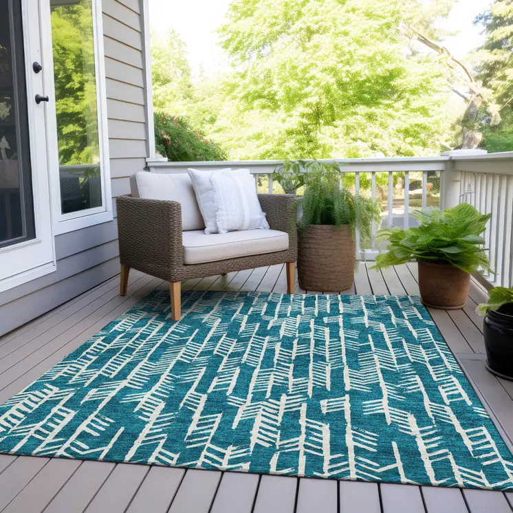 3' X 5' Teal Blue And Ivory Tribal Washable Indoor Outdoor Area Rug