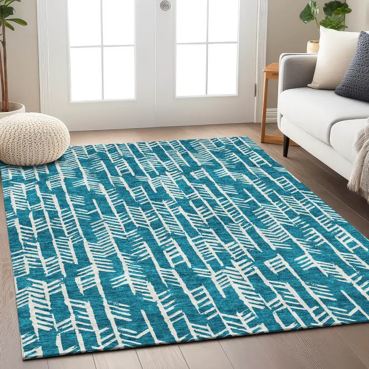 3' X 5' Teal Blue And Ivory Tribal Washable Indoor Outdoor Area Rug