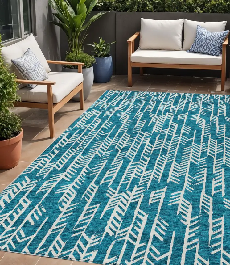 5' X 8' Teal Blue And Ivory Tribal Washable Indoor Outdoor Area Rug