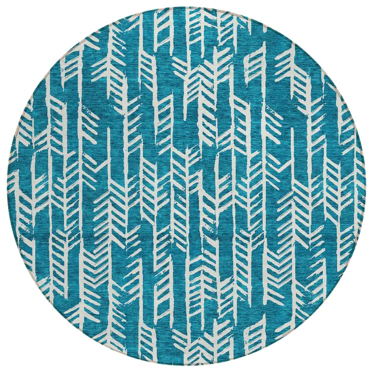 8' Teal Blue And Ivory Round Tribal Washable Indoor Outdoor Area Rug