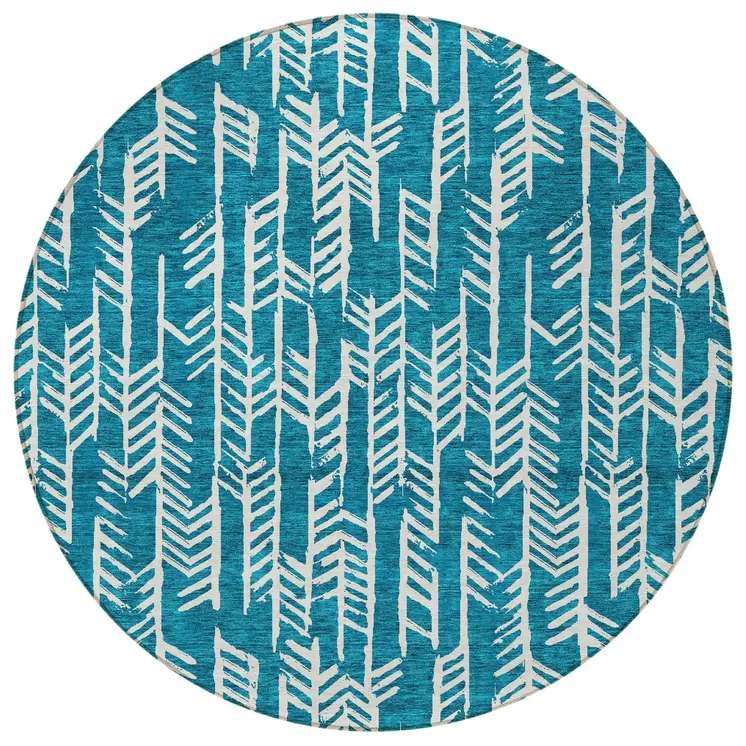 8' Teal Blue And Ivory Round Tribal Washable Indoor Outdoor Area Rug