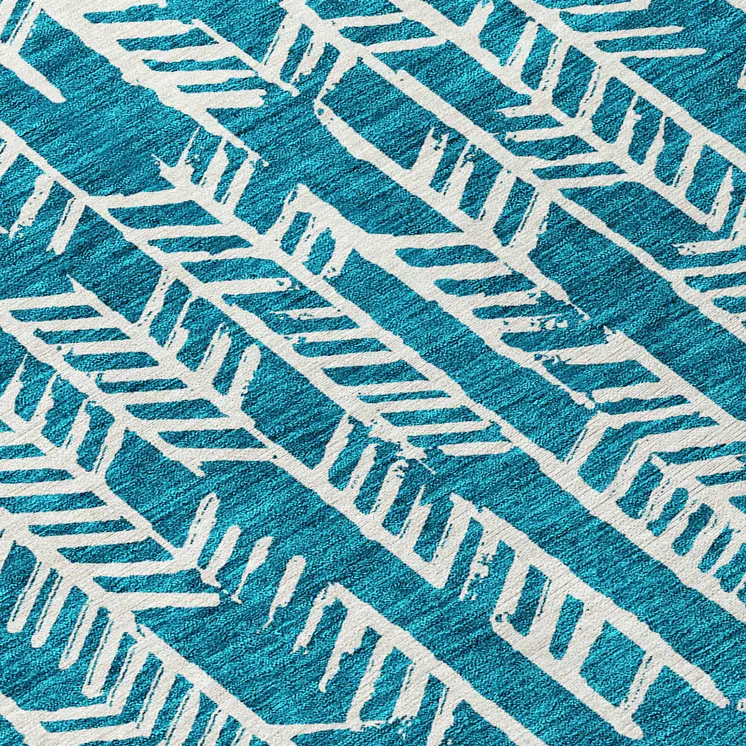 8' Teal Blue And Ivory Round Tribal Washable Indoor Outdoor Area Rug