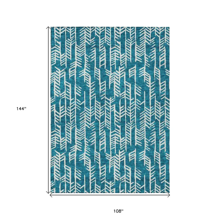 9' X 12' Teal Blue And Ivory Tribal Washable Indoor Outdoor Area Rug