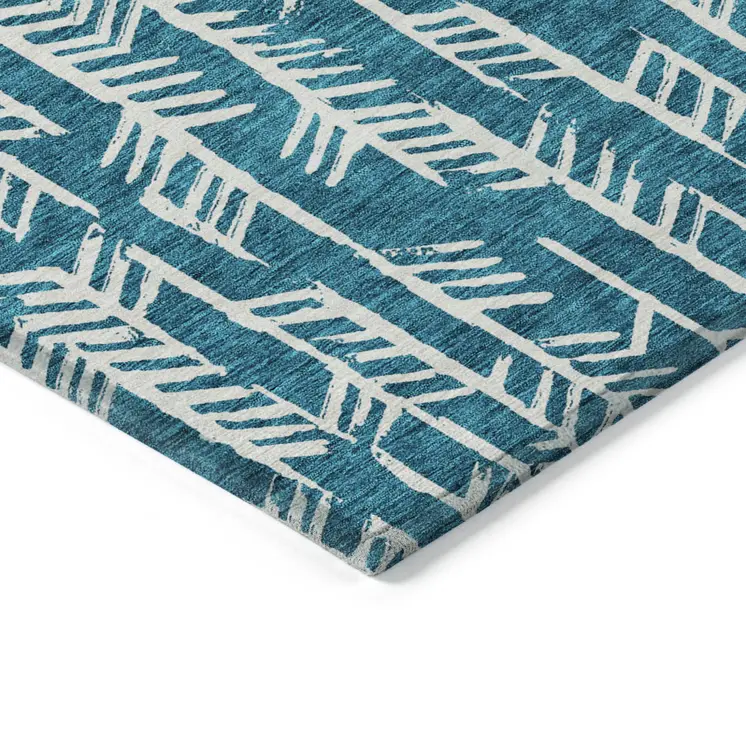 9' X 12' Teal Blue And Ivory Tribal Washable Indoor Outdoor Area Rug