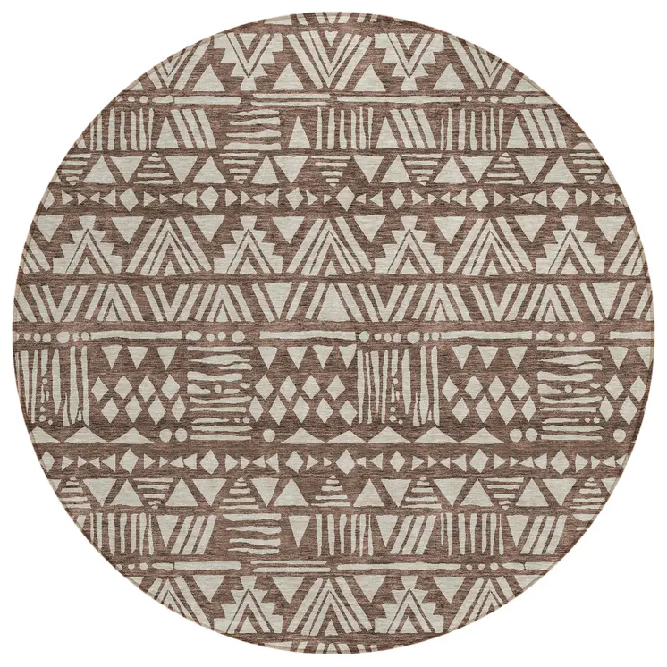 8' Brown And Beige Round Southwestern Washable Indoor Outdoor Area Rug
