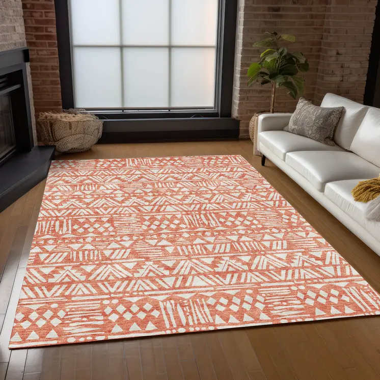 3' X 5' Coral And Ivory Southwestern Washable Indoor Outdoor Area Rug