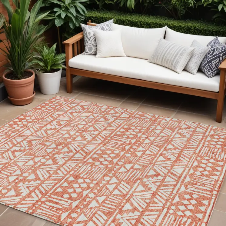8' X 10' Coral And Ivory Southwestern Washable Indoor Outdoor Area Rug