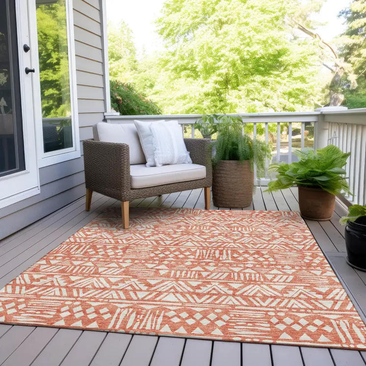 8' X 10' Coral And Ivory Southwestern Washable Indoor Outdoor Area Rug