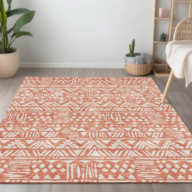 8' X 10' Coral And Ivory Southwestern Washable Indoor Outdoor Area Rug