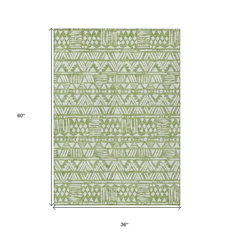 3' X 5' Green And Ivory Southwestern Washable Indoor Outdoor Area Rug