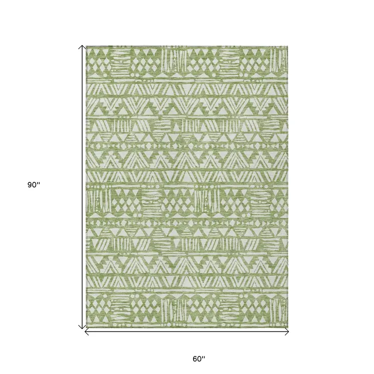 5' X 8' Green And Ivory Southwestern Washable Indoor Outdoor Area Rug