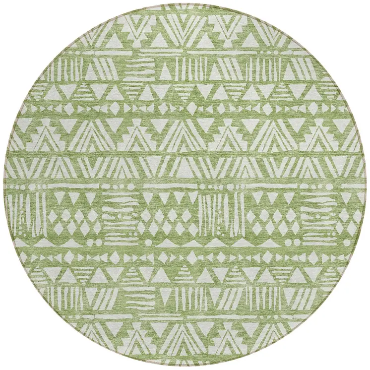 8' Green And Ivory Round Southwestern Washable Indoor Outdoor Area Rug