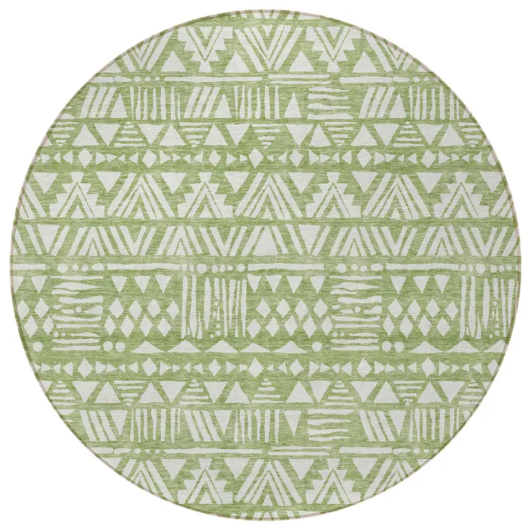 8' Green And Ivory Round Southwestern Washable Indoor Outdoor Area Rug