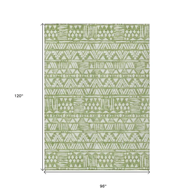 8' X 10' Green And Ivory Southwestern Washable Indoor Outdoor Area Rug