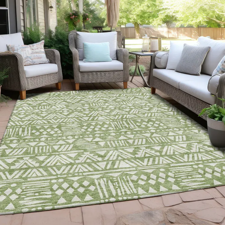 8' X 10' Green And Ivory Southwestern Washable Indoor Outdoor Area Rug