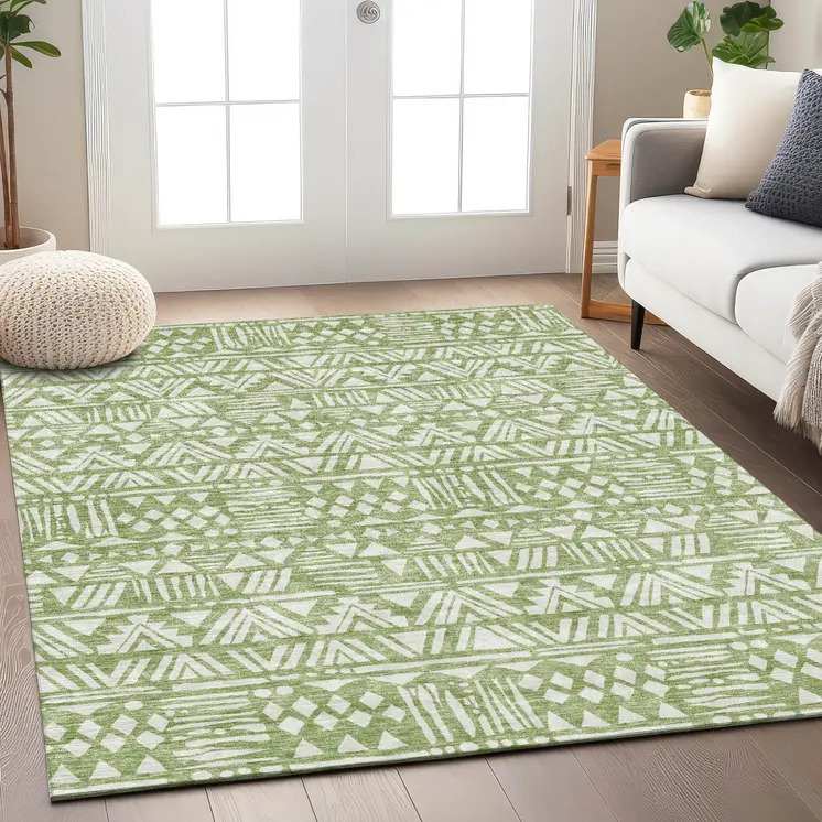 8' X 10' Green And Ivory Southwestern Washable Indoor Outdoor Area Rug