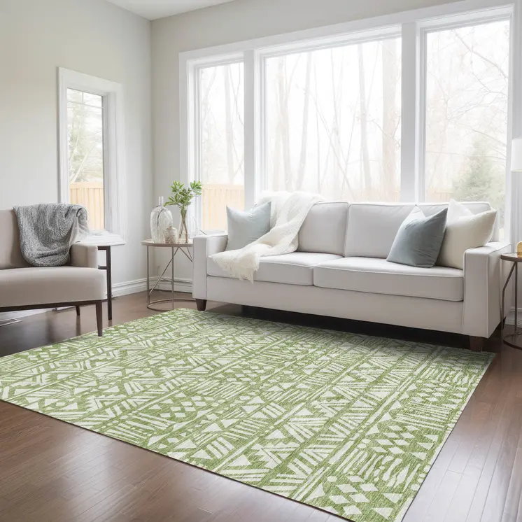 8' X 10' Green And Ivory Southwestern Washable Indoor Outdoor Area Rug