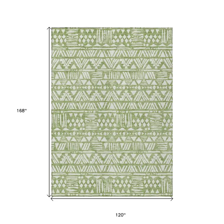 10' X 14' Green And Ivory Southwestern Washable Indoor Outdoor Area Rug