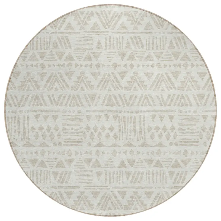 8' Ivory And Beige Round Southwestern Washable Indoor Outdoor Area Rug