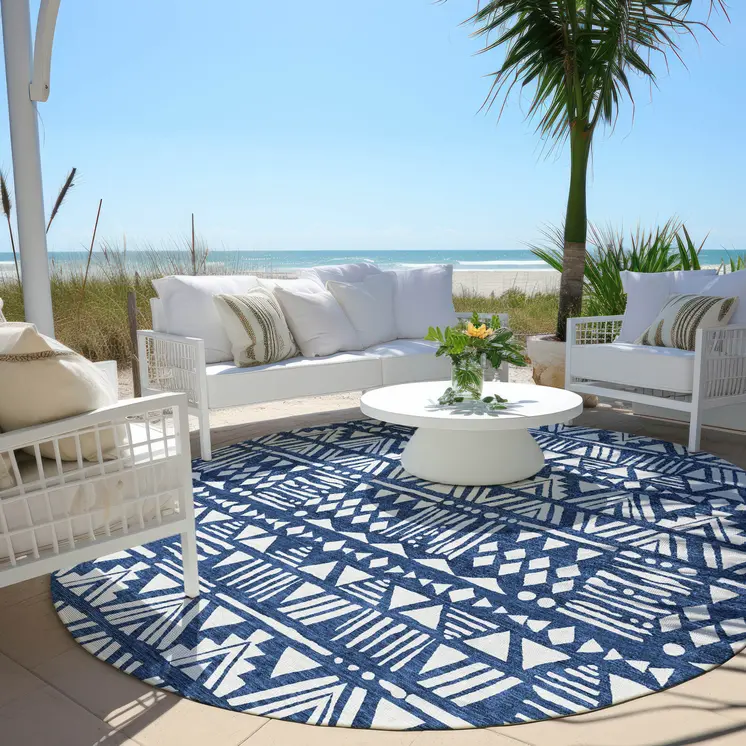 8' Navy Blue And Ivory Round Southwestern Washable Indoor Outdoor Area Rug