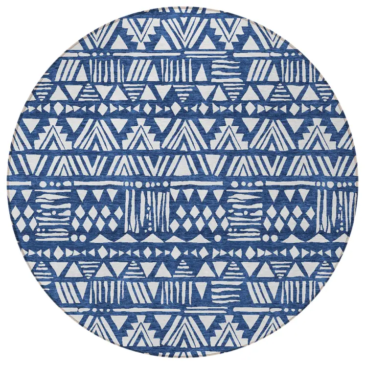 8' Navy Blue And Ivory Round Southwestern Washable Indoor Outdoor Area Rug