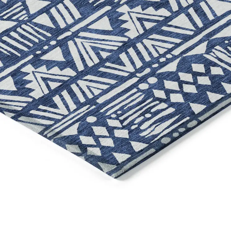 8' X 10' Navy Blue And Ivory Southwestern Washable Indoor Outdoor Area Rug