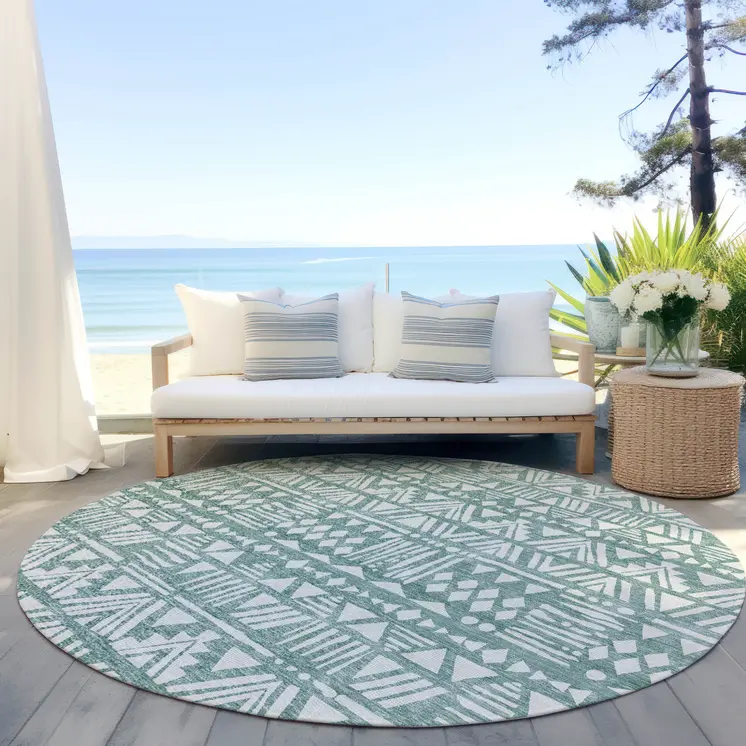 8' Sage And Ivory Round Southwestern Washable Indoor Outdoor Area Rug
