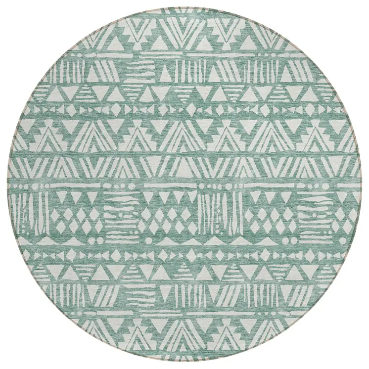 8' Sage And Ivory Round Southwestern Washable Indoor Outdoor Area Rug