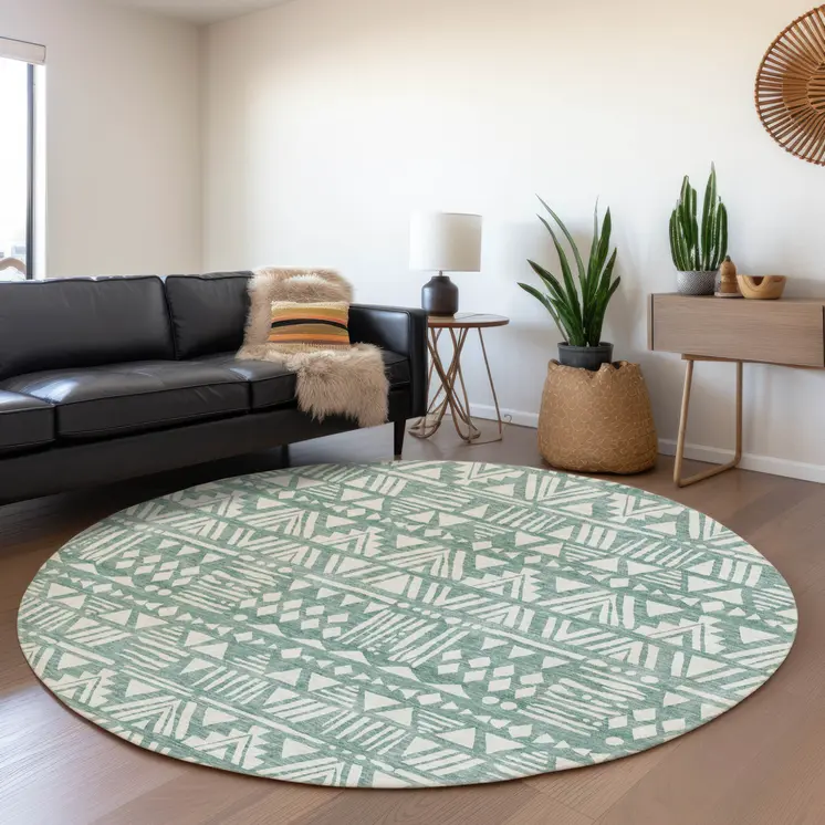 8' Sage And Ivory Round Southwestern Washable Indoor Outdoor Area Rug