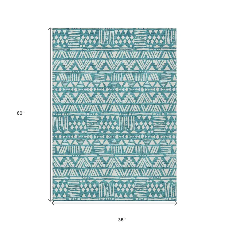 3' X 5' Teal Blue And Ivory Southwestern Washable Indoor Outdoor Area Rug