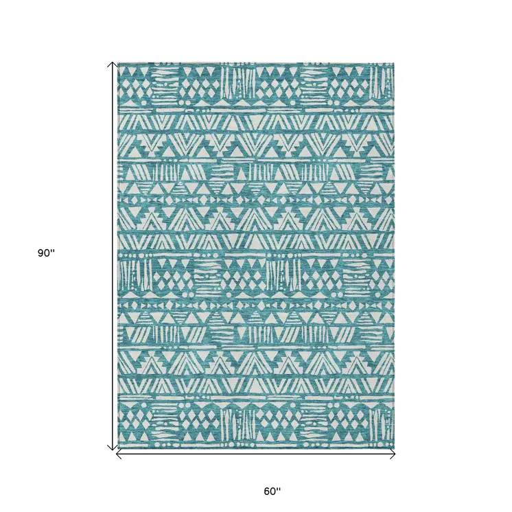 5' X 8' Teal Blue And Ivory Southwestern Washable Indoor Outdoor Area Rug