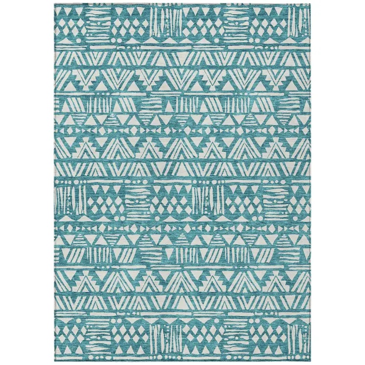 5' X 8' Teal Blue And Ivory Southwestern Washable Indoor Outdoor Area Rug