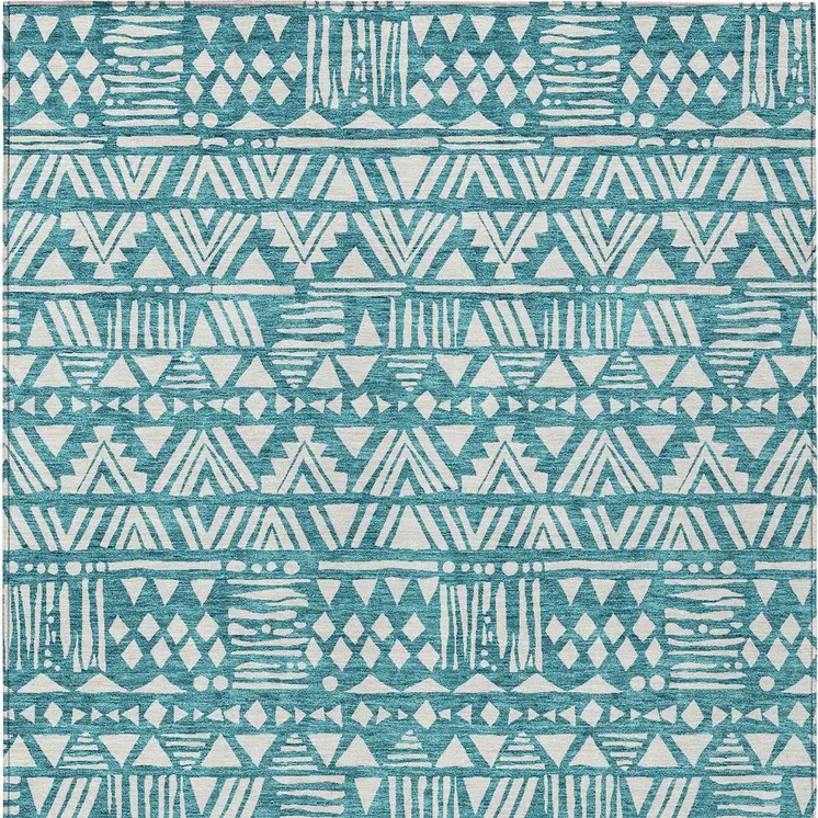 5' X 8' Teal Blue And Ivory Southwestern Washable Indoor Outdoor Area Rug