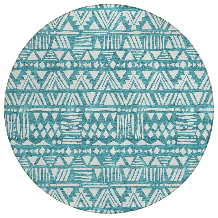 8' Teal Blue And Ivory Round Southwestern Washable Indoor Outdoor Area Rug