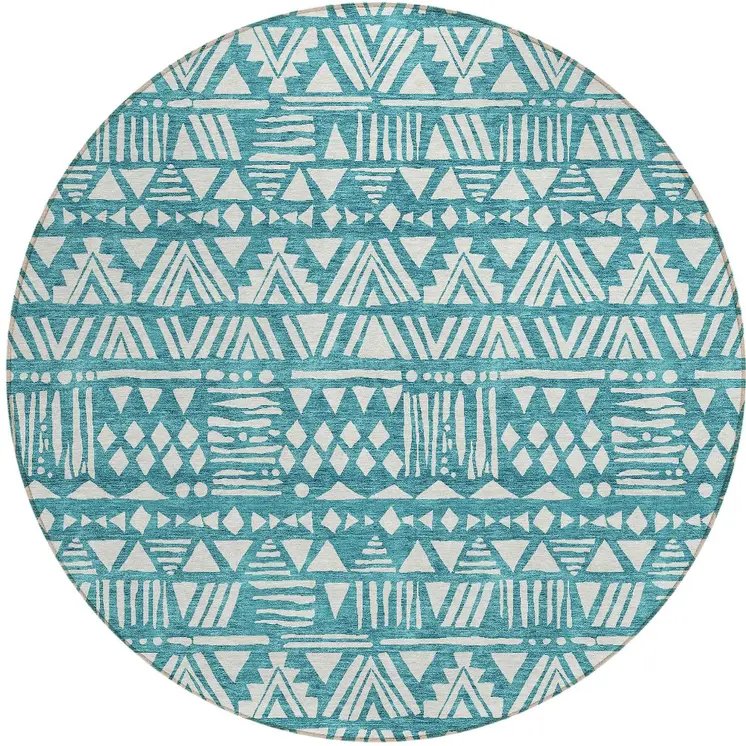 8' Teal Blue And Ivory Round Southwestern Washable Indoor Outdoor Area Rug