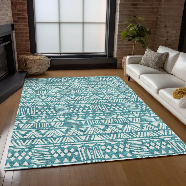 8' X 10' Teal Blue And Ivory Southwestern Washable Indoor Outdoor Area Rug