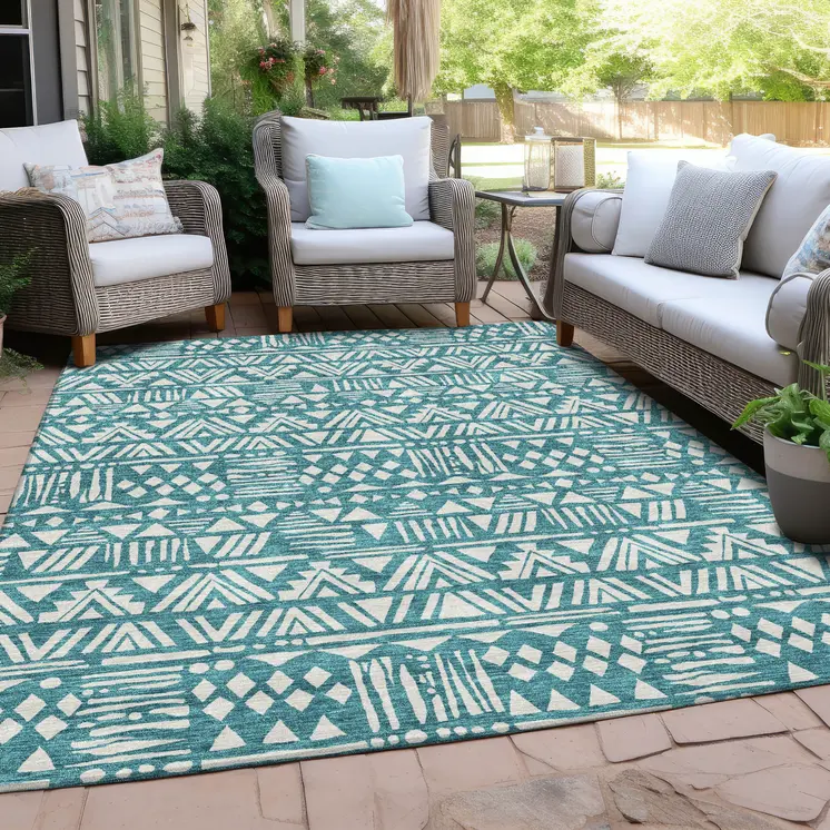 10' X 14' Teal Blue And Ivory Southwestern Washable Indoor Outdoor Area Rug
