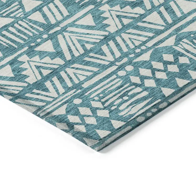 10' X 14' Teal Blue And Ivory Southwestern Washable Indoor Outdoor Area Rug