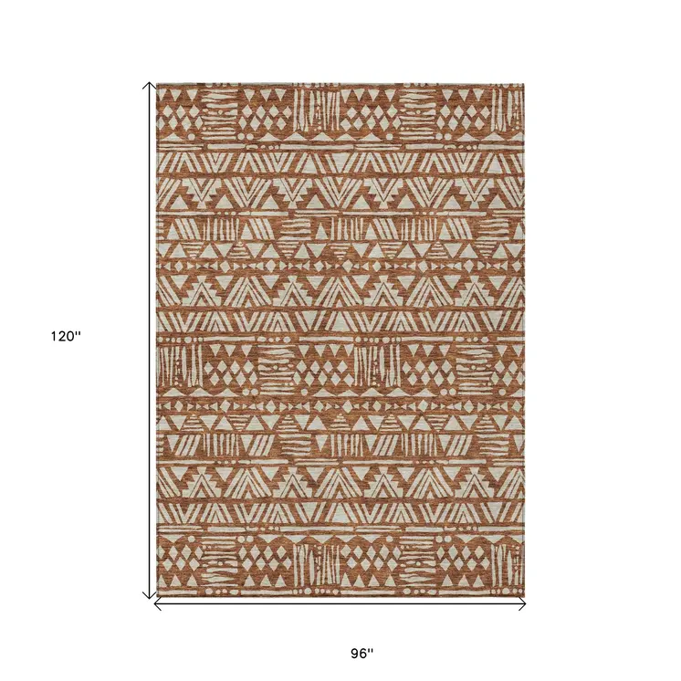 8' X 10' Terra Cotta And Beige Southwestern Washable Indoor Outdoor Area Rug