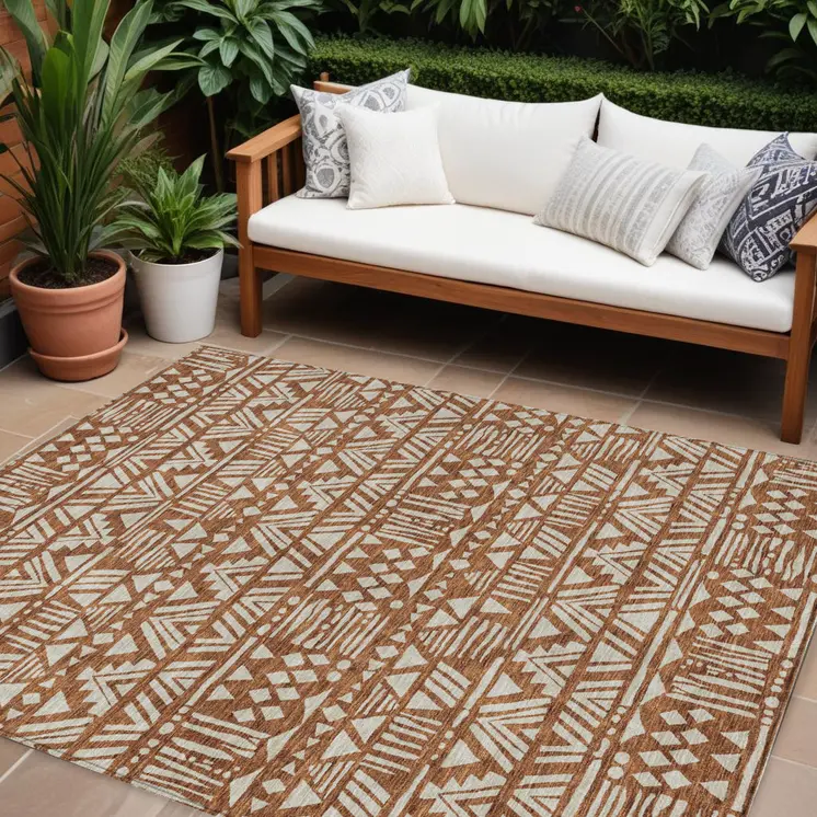 8' X 10' Terra Cotta And Beige Southwestern Washable Indoor Outdoor Area Rug