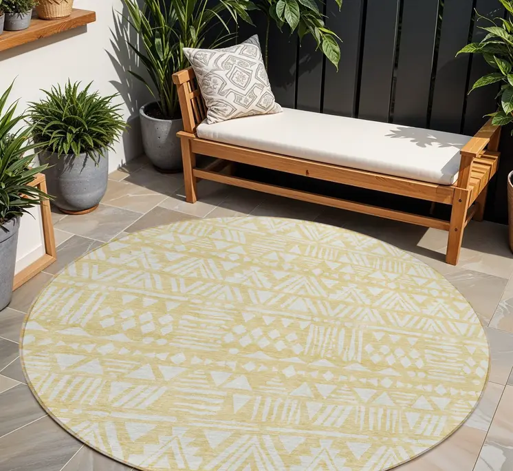 8' Wheat And Ivory Round Southwestern Washable Indoor Outdoor Area Rug