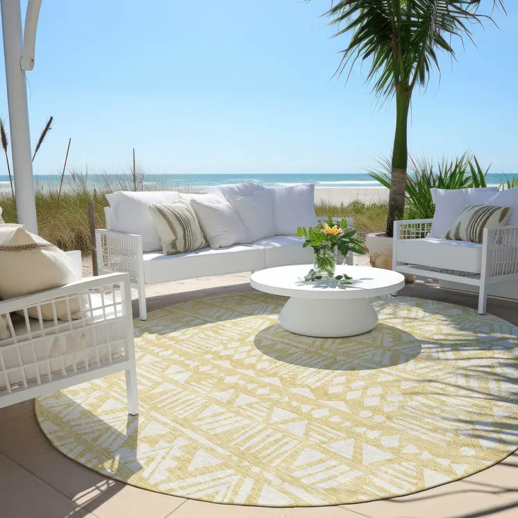 8' Wheat And Ivory Round Southwestern Washable Indoor Outdoor Area Rug