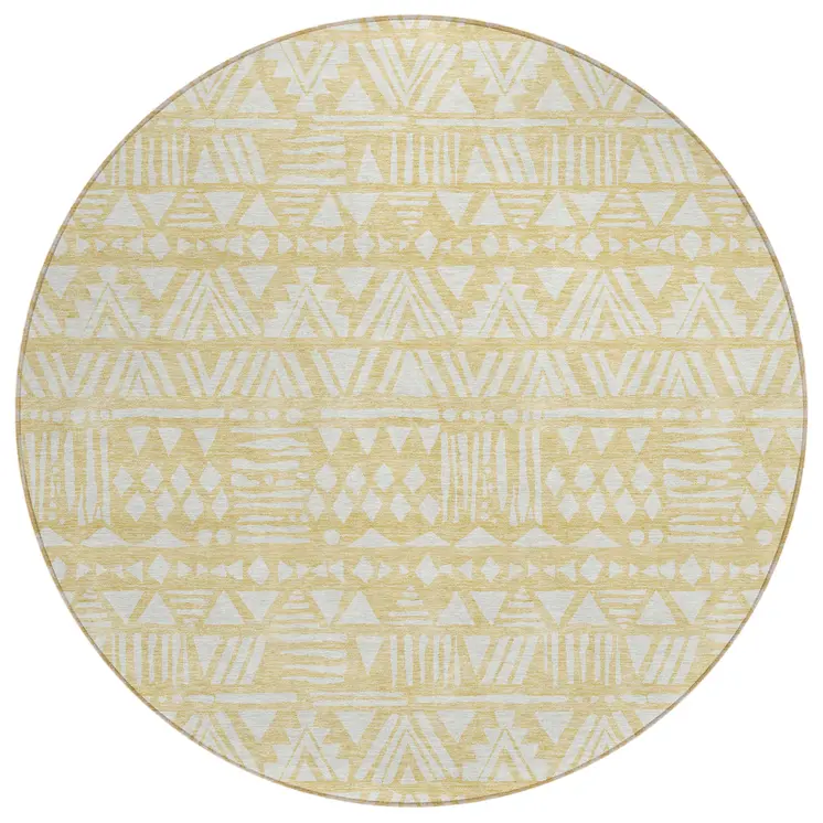 8' Wheat And Ivory Round Southwestern Washable Indoor Outdoor Area Rug