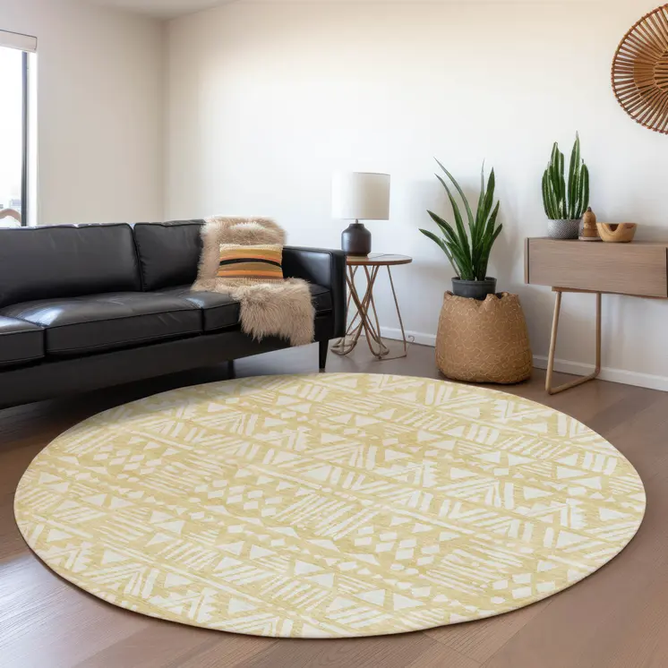 8' Wheat And Ivory Round Southwestern Washable Indoor Outdoor Area Rug