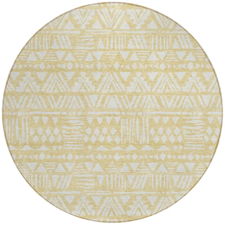 8' Wheat And Ivory Round Southwestern Washable Indoor Outdoor Area Rug