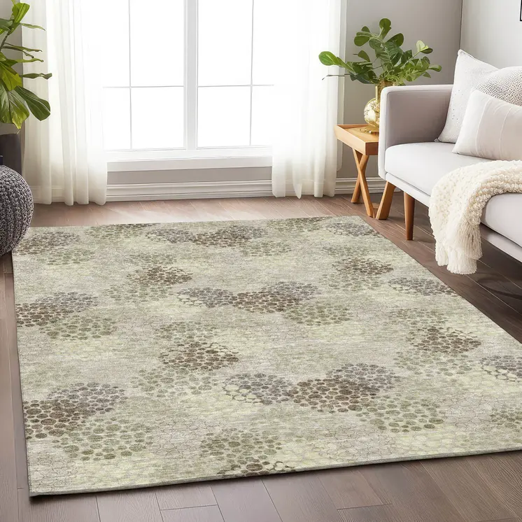3' X 5' Beige Green And Ivory Polka Dot Washable Indoor Outdoor Area Rug