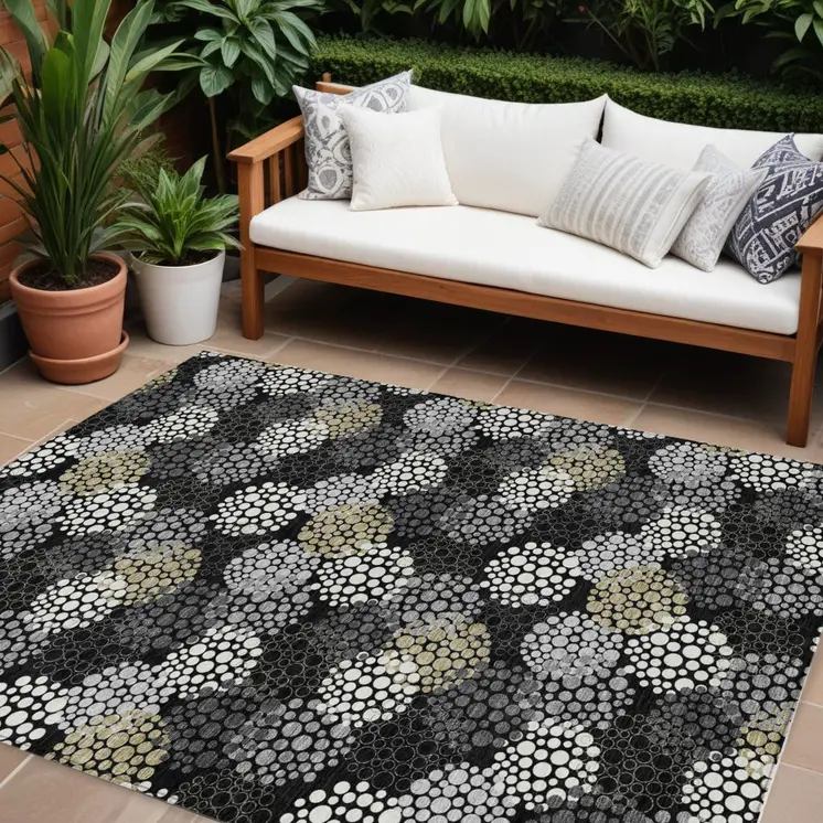 8' X 10' Black Gray And Ivory Polka Dot Washable Indoor Outdoor Area Rug