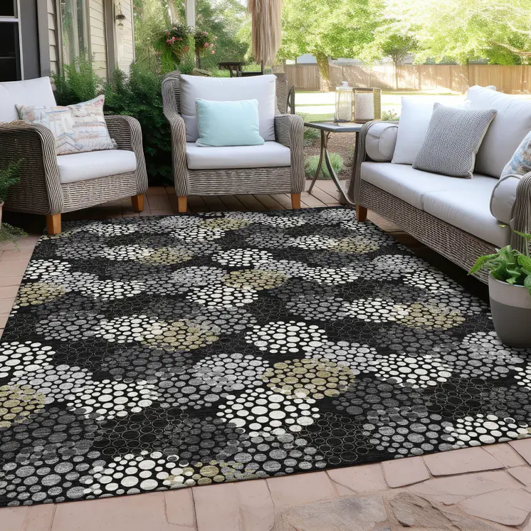 10' X 14' Black Gray And Ivory Polka Dot Washable Indoor Outdoor Area Rug