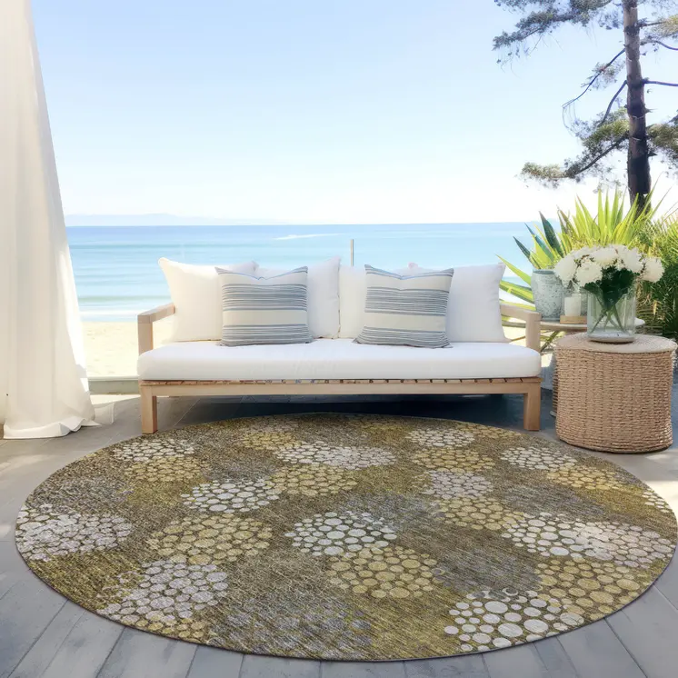 8' Brown Beige And Ivory Round Polka Dot Washable Indoor Outdoor Area Rug